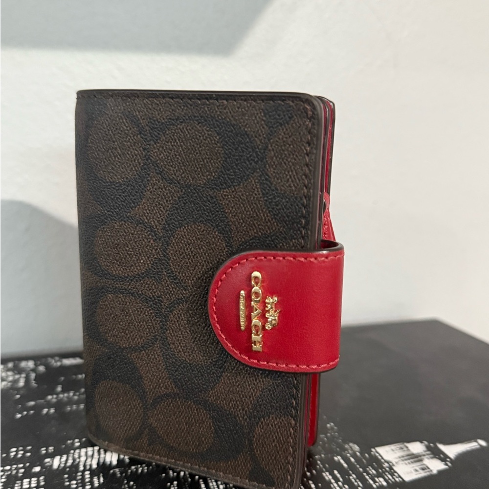 Coach Signature Wallet | Brown Monogram & Red Leather | Snap Closure